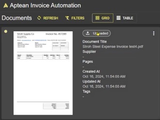 Invoice Automation Document List View with the document in the Uploaded status