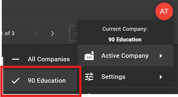 The active company dropdown menu
