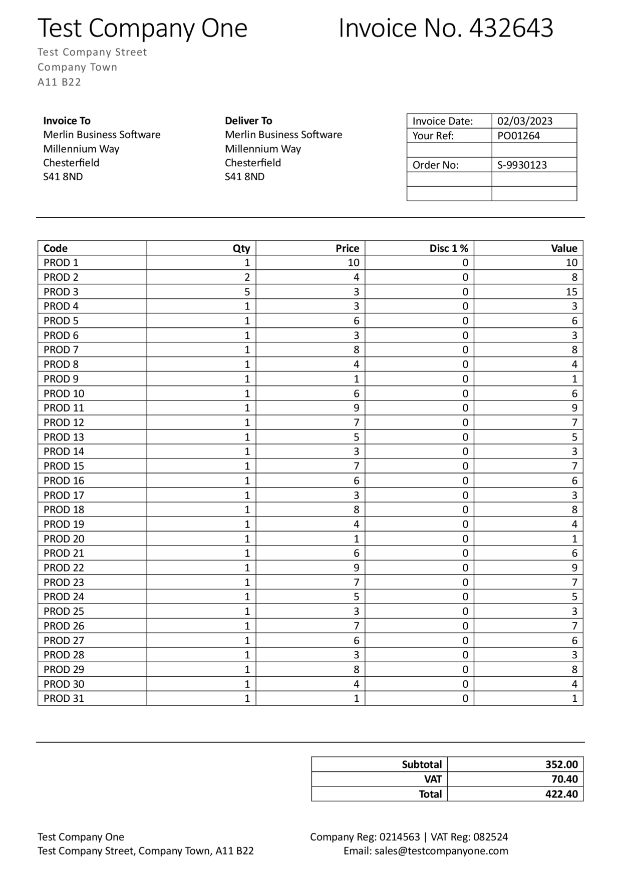 Page 1 of a 3 page Supplier Invoice containing Terms and Conditions